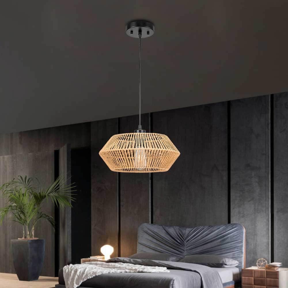 Boho Chandelier 32CM Rustic Farmhouse Pendant Light Paper Rope Ceiling Hanging Lamp Indoor Light for Dining Living Room Bedroom