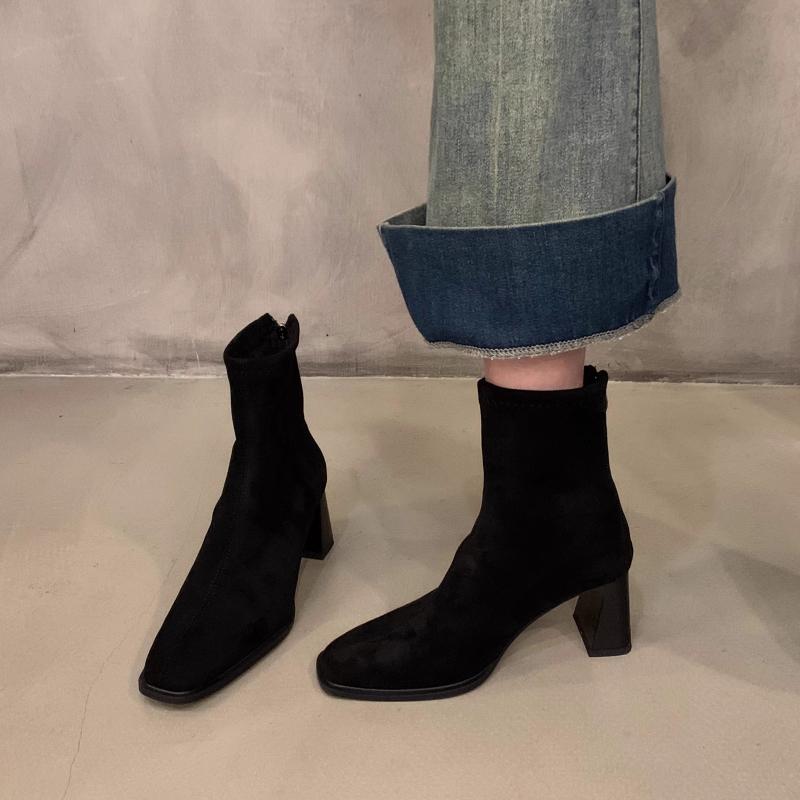 Winter suede ankle boots fashionable square-toe chunky heel nude boots elegant rear zipper high-heeled large-size women's boots