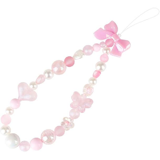 LUVI Beaded Phone Charm Lanyard Wrist Strap Love Heart Bow Beads Butterfly Chain Flower String Pearl Bling Bracelet Keychain Cute Fashion for Women