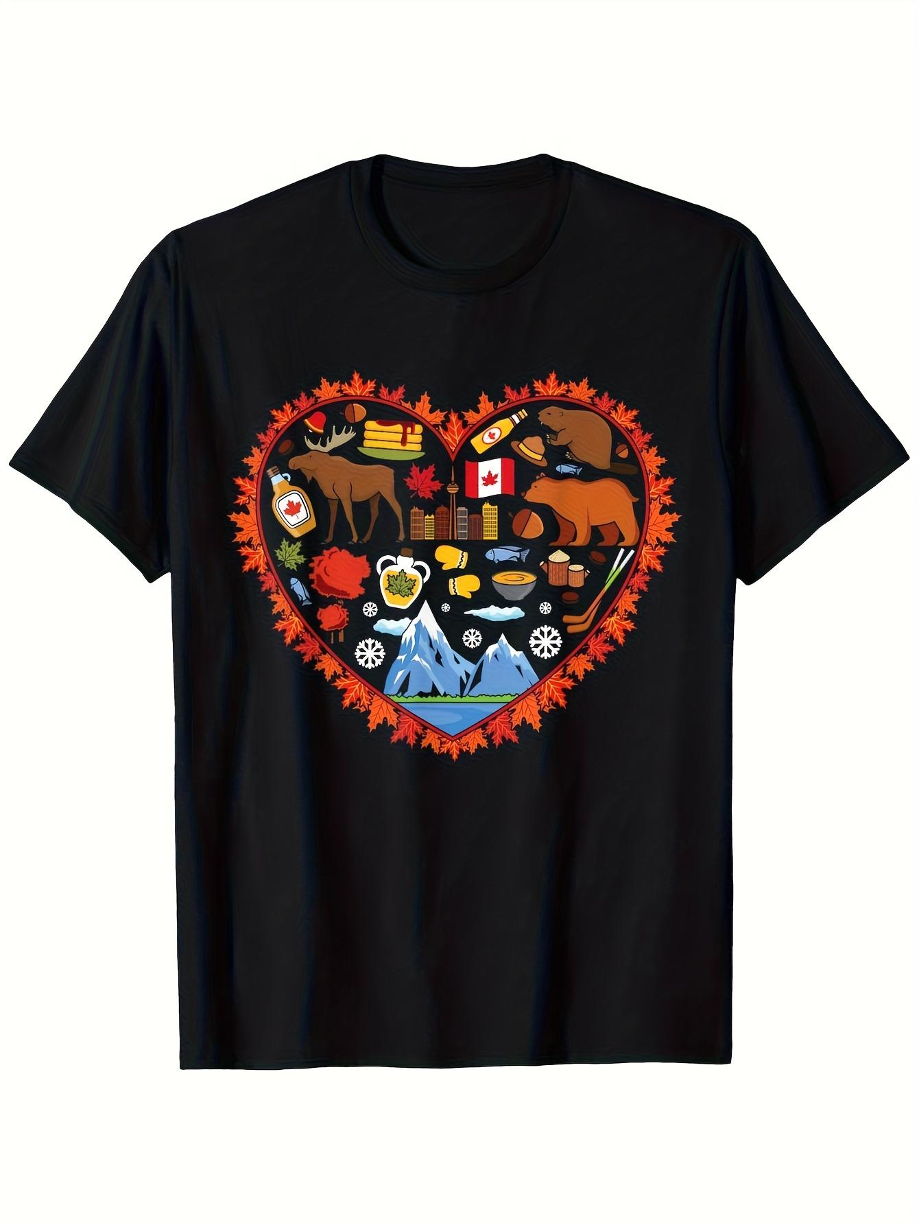 Canadian Pride Heart Graphic T-shirt - 100% Cotton Black Tee with Vibrant Moose M