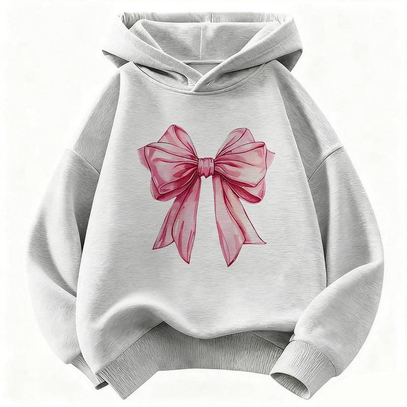 Warm Kids Hooded Pullover, Lovely Hand Drawn Pink Bow Ribbon Graphic Sweatshirt, Autumn Winter Casual Long Sleeve Top for Children Daily Wear