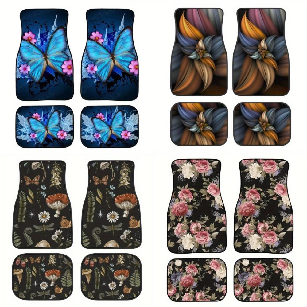 4 Stück Neuer Bohème-Stil Auto-Fußmatten Dekorative Botanische Drucke Auto-Bodenmatten Vorne Hinten Fußmatten-Set Automobilzubehör