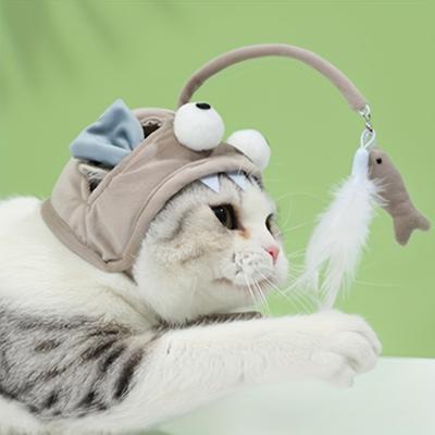 Divertidos tocados para tu amigo felino: Juguete de sombrero de gato con caña de pescar con plumas