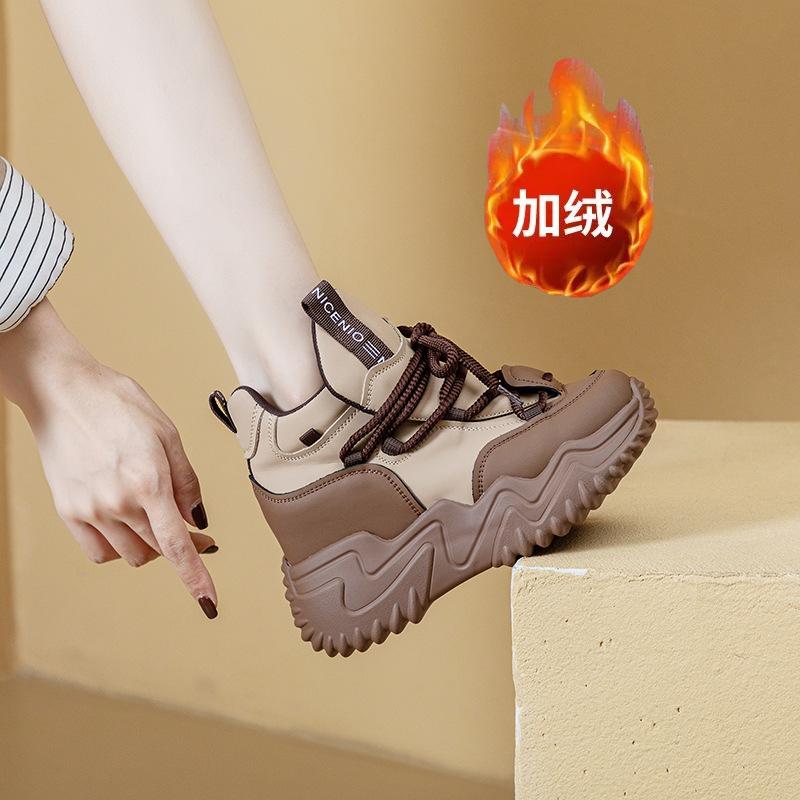 Autumn and Winter Thick-soled Inner Shoes Casual Versatile Breathable Lace-up Piled Thickened Sports Shoes Women