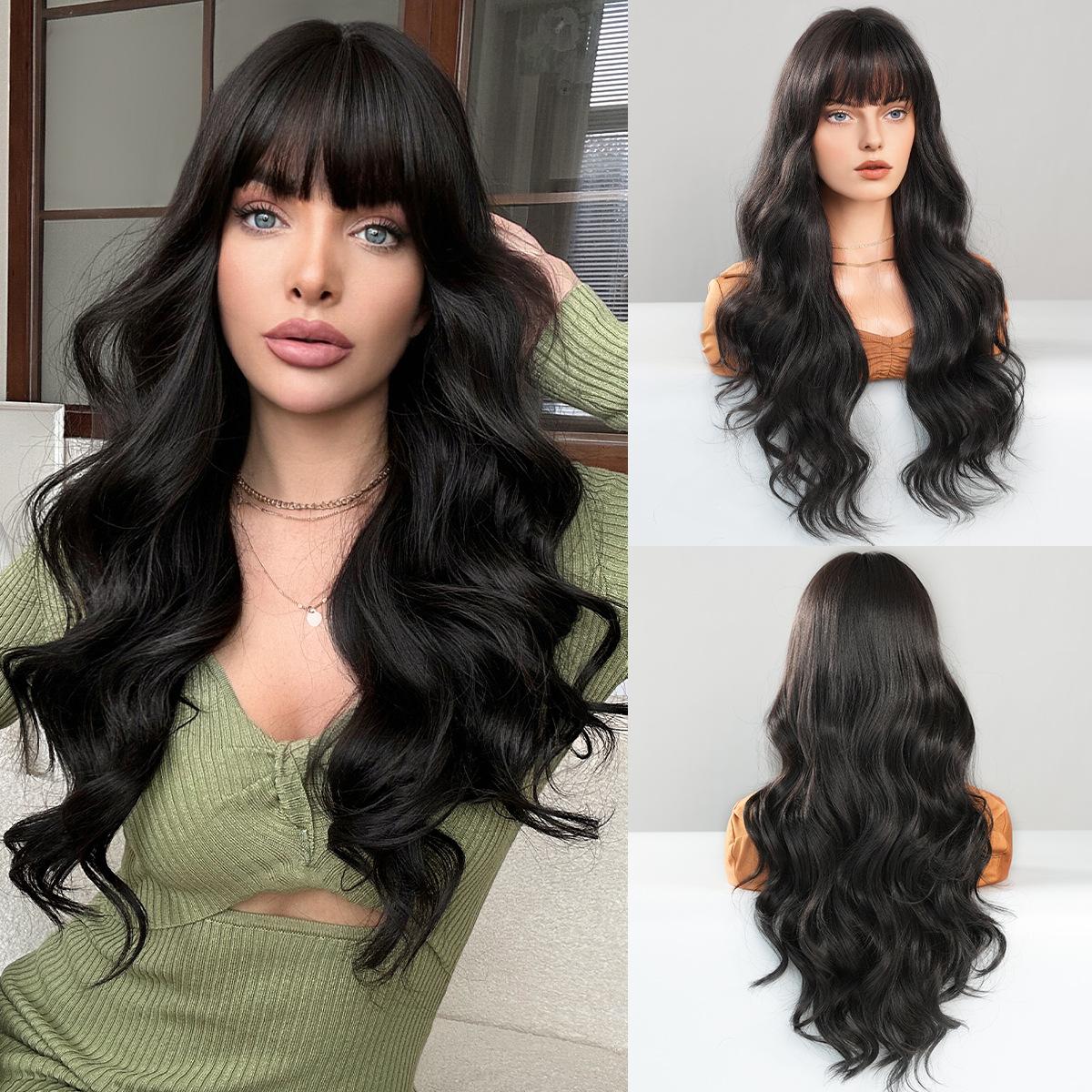 

Natural Black Long Curly Hair with Big Waves and Bangs Wig