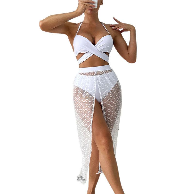 Costume da bagno da donna a tre pezzi, sexy, con protezione solare, in rete, lungo, bikini da spiaggia con spacco