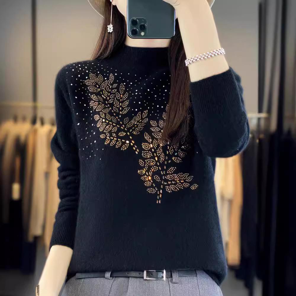 Fall Winter Crystal Mock Neck Knit Base Layer Women Sweater Inner Wear Pullover