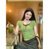 Korean green coffee fake two-piece lace splicing short-sleeved T-shirt women's summer new slim-fit Spice Girl short top ins