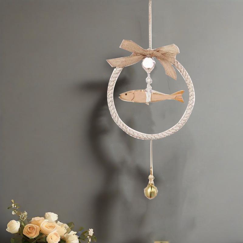 40cm Wooden Fish Bell Weaving Tapestry Wreath Bell Pendant Room Wall Hanging Wind Chimes Home Decoration