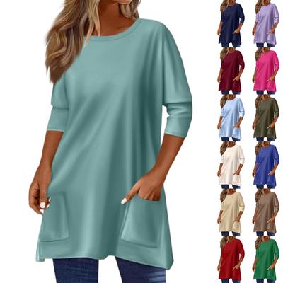 3/4-Ärmel-Taschenoberteile für Damen, T-Shirt, lässiger Druck, mittellange Oberteile, T-Shirt, Rundhalsausschnitt, Pullover, Bluse