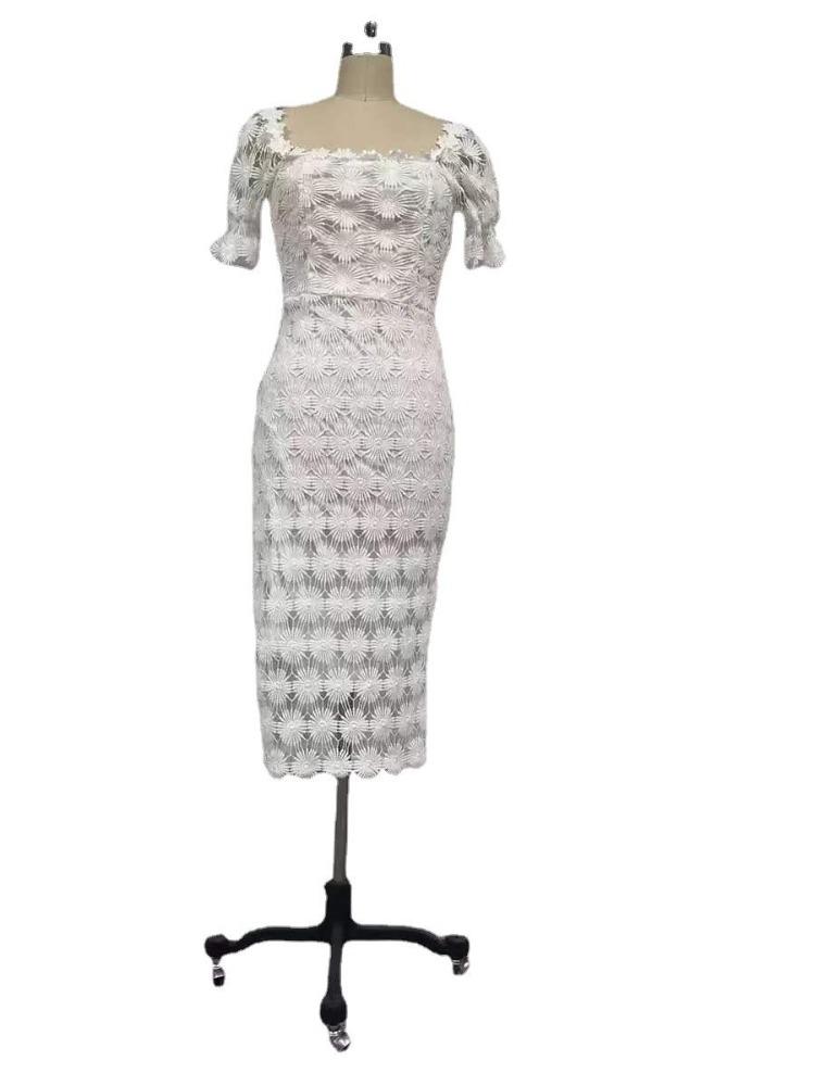 2024 Mellomhøy midje Blonder Temperament Midi Skjørt Kjole Brystinnpakning Trefarget