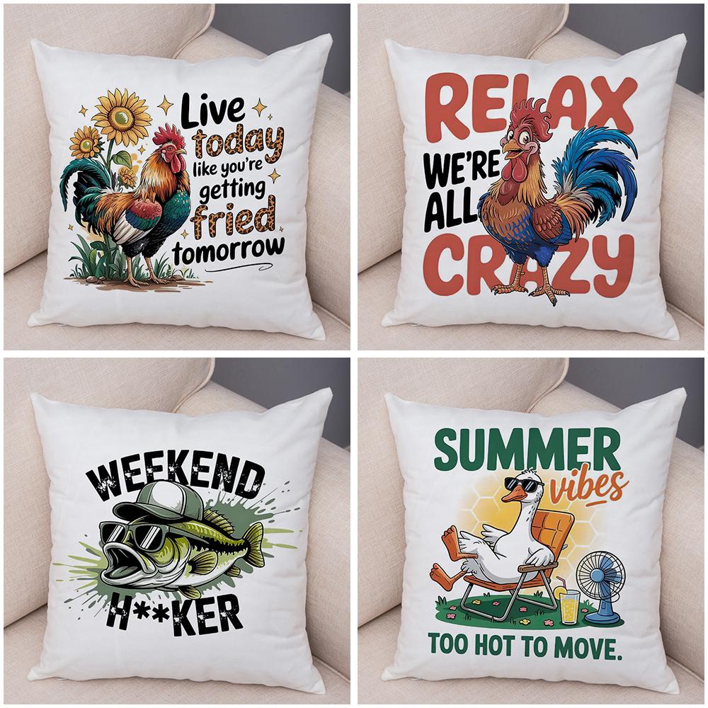 Rooster Sunflower Pillowcase Double Print Weekend Fish Cushion Cover Soft Plush Summer Goose Pillowcase for Sofa Home Car