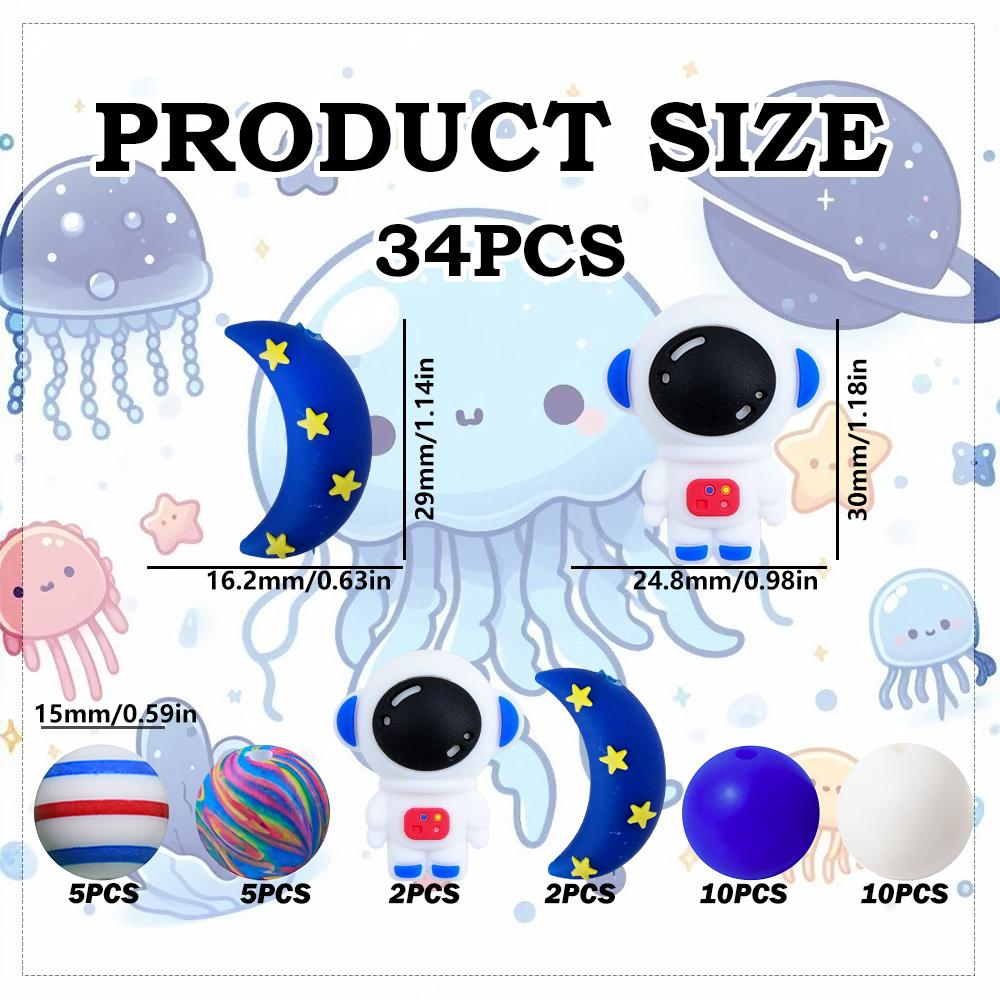 34Pcs Astronaut-Themed Silicone Bead Set DIY Beaded Necklace, Bracelet, Decorative Pen, Jewelry Pendant, Etc. Holiday Birthday Gift