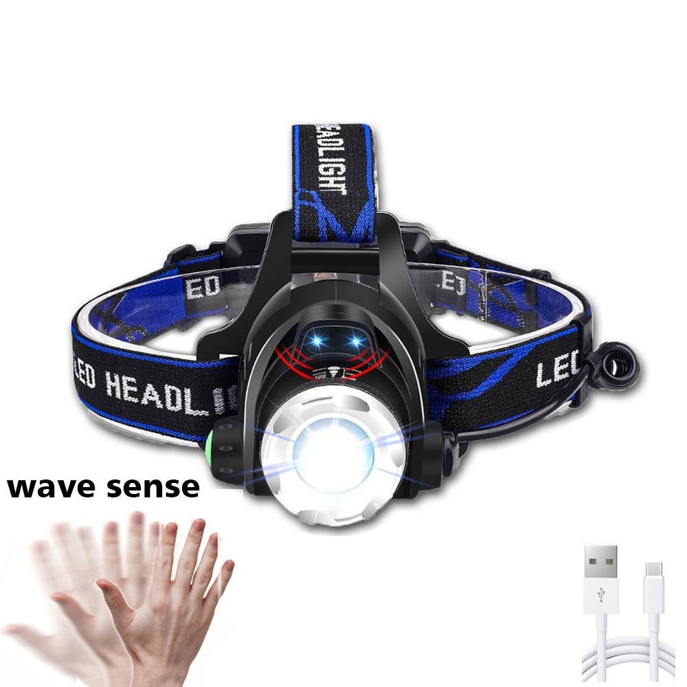 

Мощный светодиодный налобный фонарь с датчиком XHP50, с возможностью масштабирования, фонарик с зарядкой от USB, для кемпинга, с использованием аккумулятора 18650