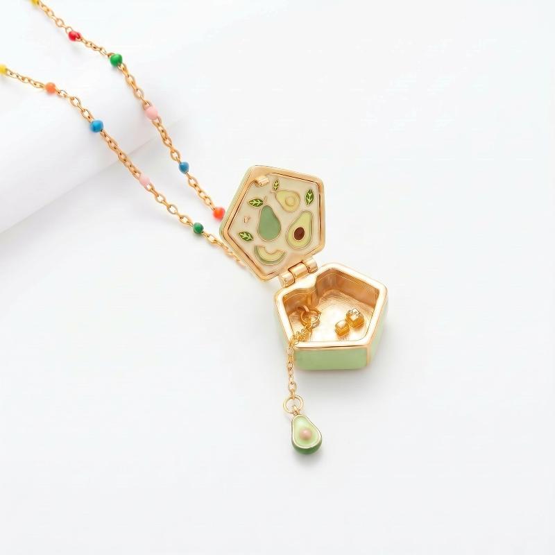 Cute Geometrically Irregular Fruit Open Box Picture Frame Pendant For Woman Fashionable Sweet Opening And Closing Box Necklace