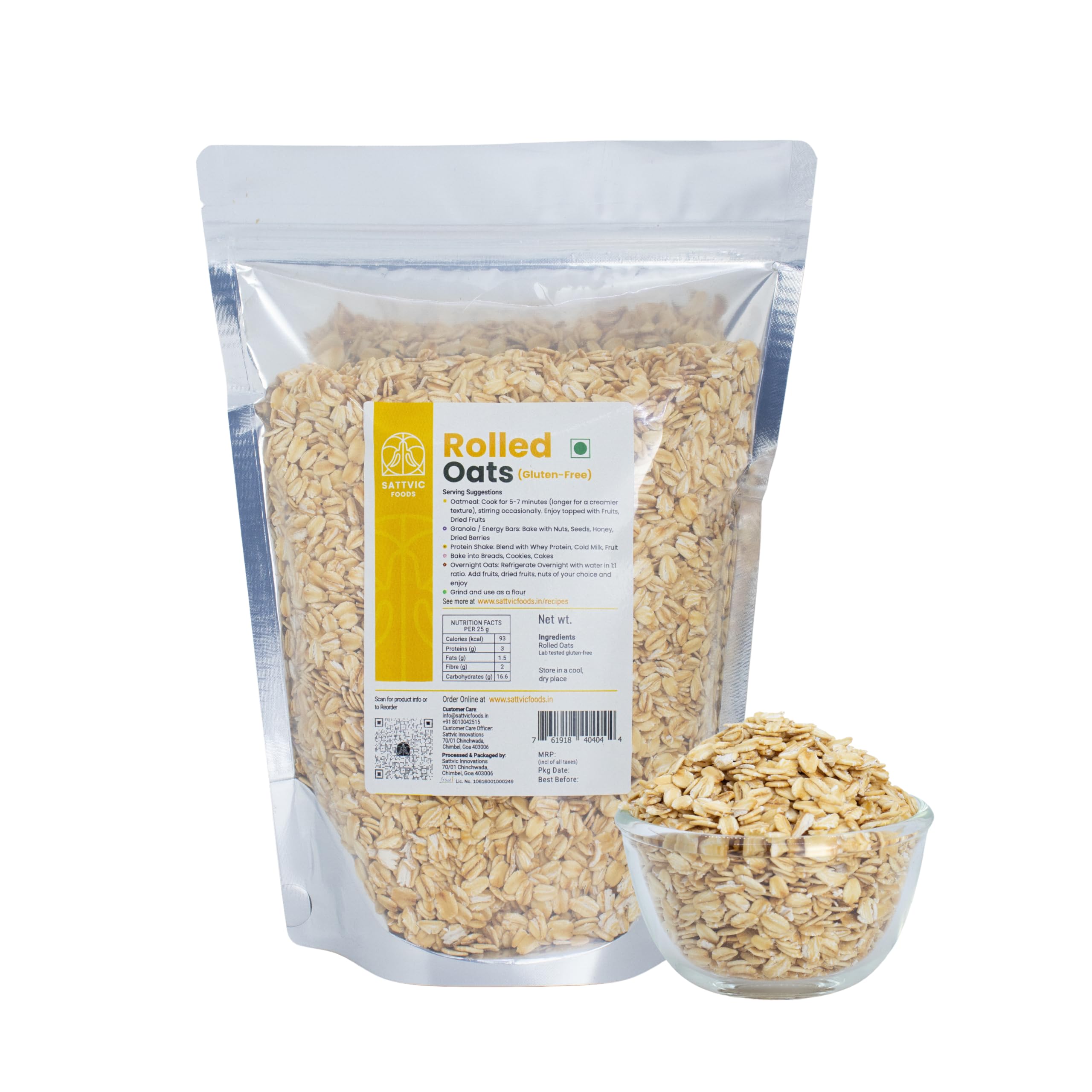 Sattvic Foods Jumbo Rolled Oats (1.5 kg) | Gluten-free, Large Old Fashioned Rolled Oat Flakes | High in Fibre and Protein | Make Oatmeal, Overnight