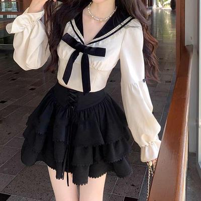 Korean Preppy Bow Navy Long Sleeve Top & High Waist Midi Skirt Set