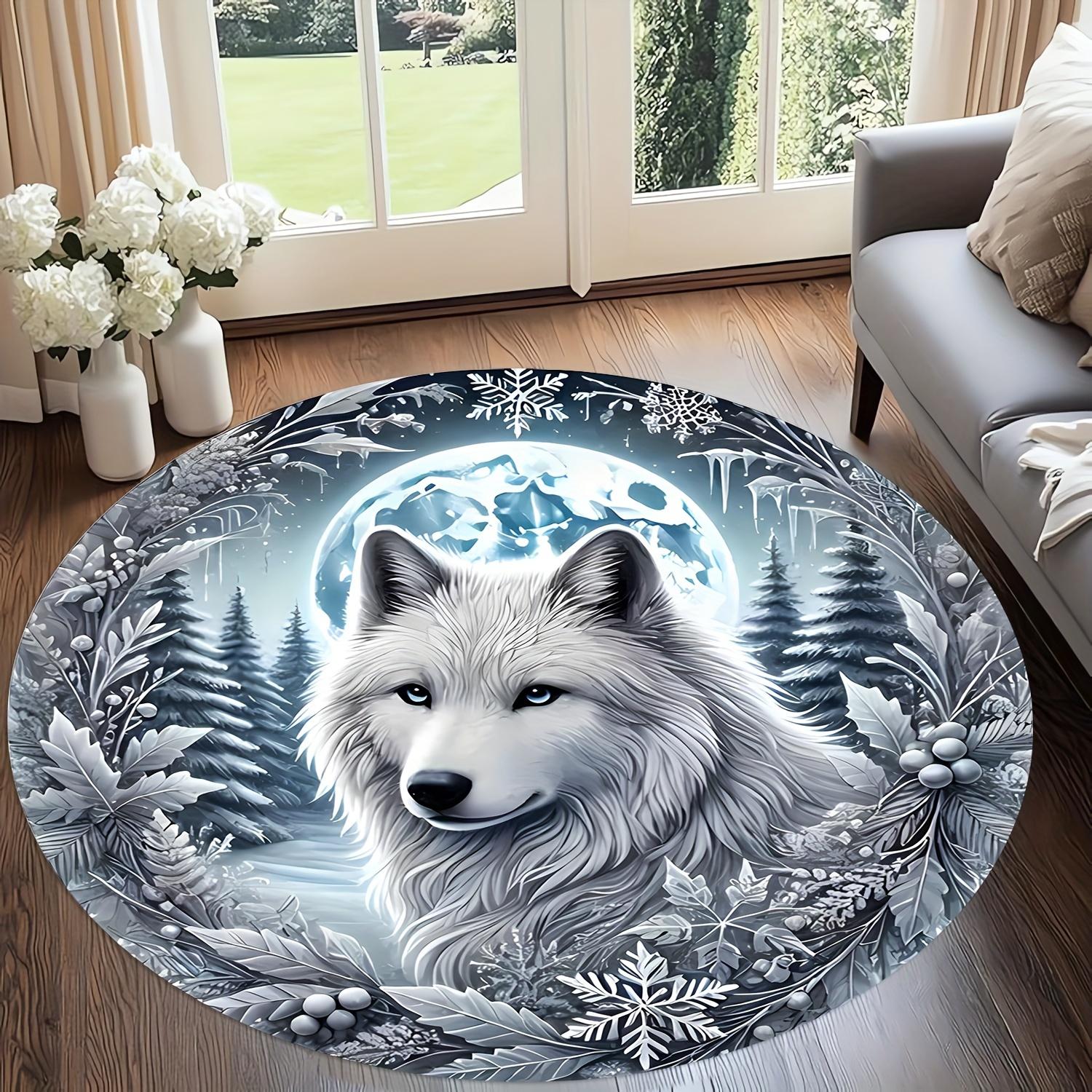 White Wolf Design, Round Carpet, Machine Washable, for Living Room, Bedroom, Entrance, Room Decor, High-Quality Flannel Carpet 80cm