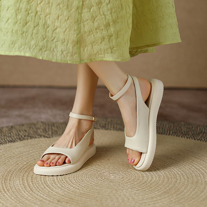 Krazing Pot Microfibră Peep Toe Tocuri joase Vară Platformă Plată Glezna Cataramă Femei Sandale de agrement