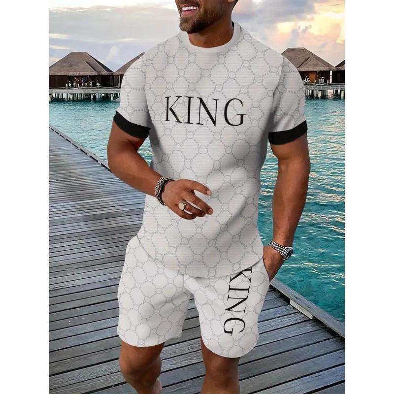 Summer Men's Clothing Letter Print Short Sleeve Top Men's Elastic Waist Shorts 2-piece Set Plus Size T Shirts Shorts Set