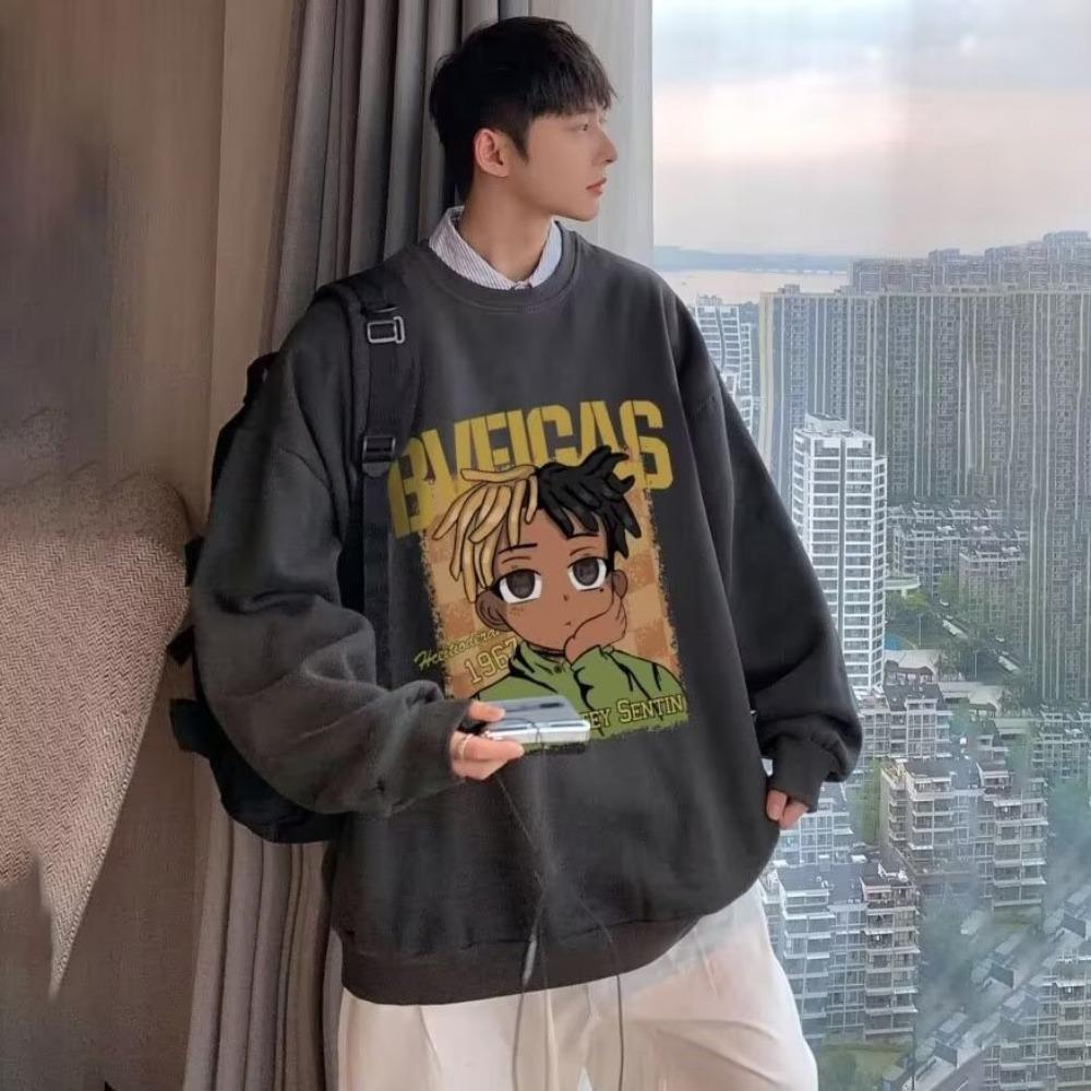 Sweater men's crew neck print cartoon loose trend versatile hip hop, Hong Kong style boys autumn clothes tide