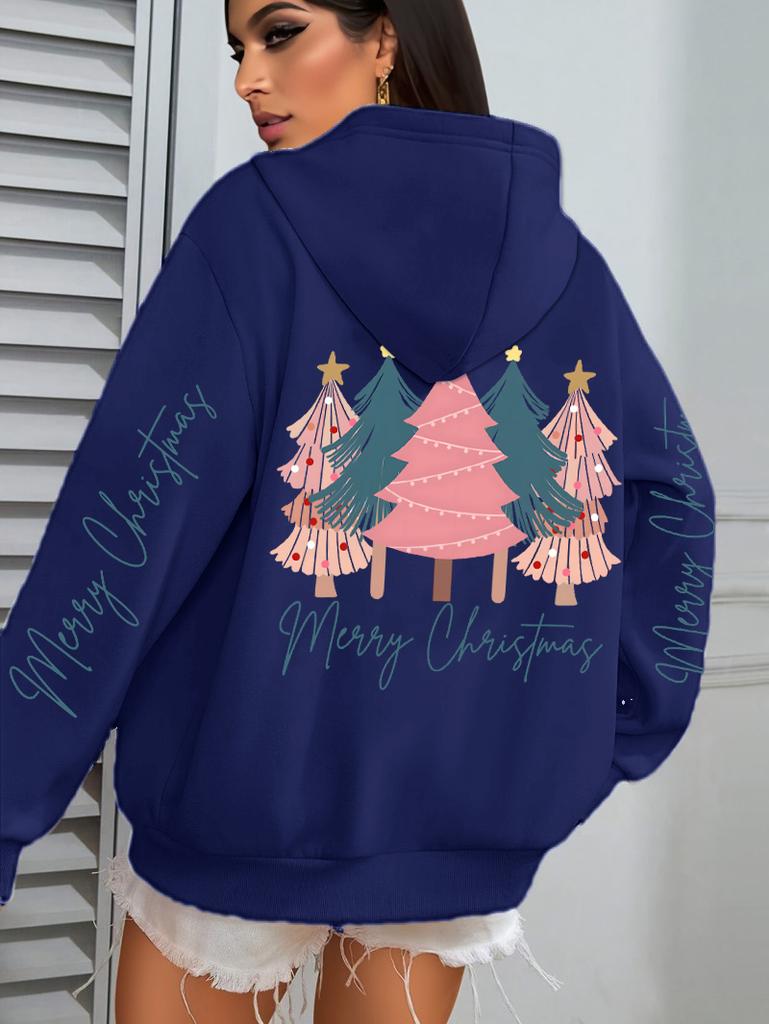Merry Christmas Beautiful Trees Printing Women Hoodies Loose Fleece Hoody All-Match Y2K Pocket Clothing Autumn Casual Streetwear