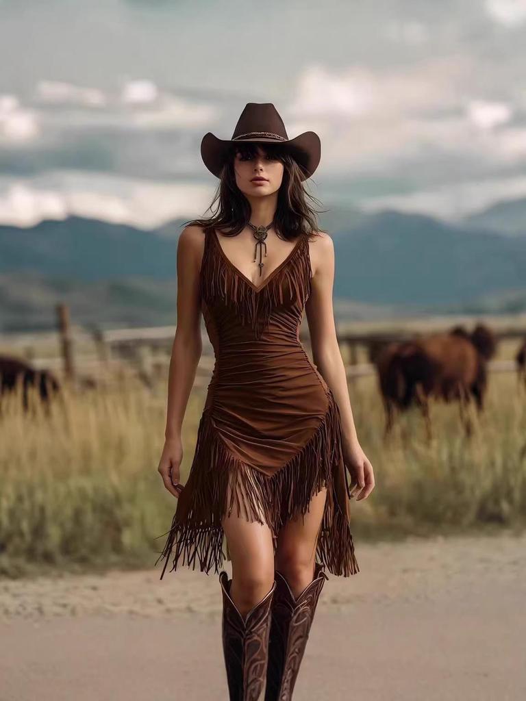 European & American Sexy Deep V Tassel Slimming Dress