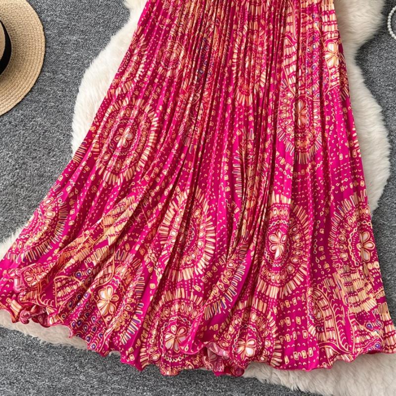 Spring Summer Women Elegant Print Elastic Waist Long Maxi Holiday Beach Pleated Skirt Only Have One Size