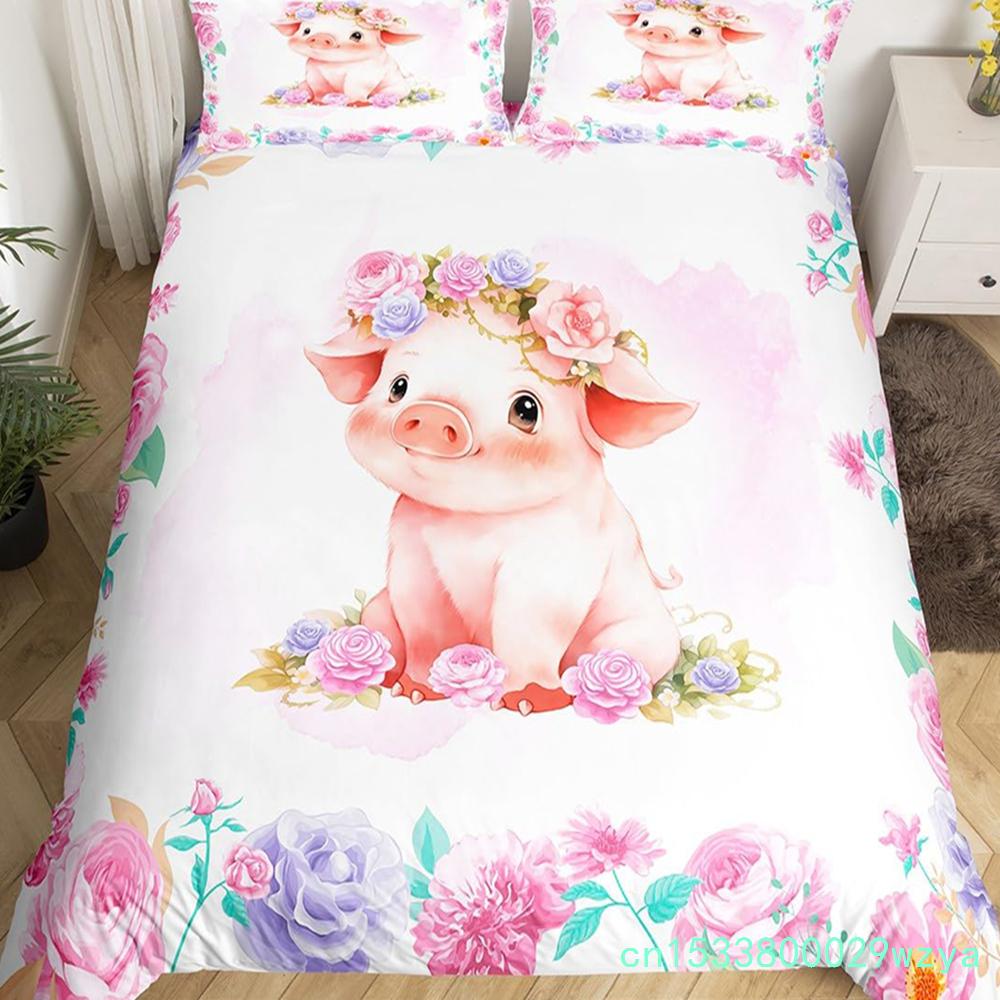 Pink Pig Bedding Set King Queen Sleeping Pig Duvet Cover For Kids Boys Girls Kawaii Animals Comforter Cover With 2 Pillowcases
