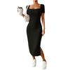 Women's New French Stand Alone Square Neck Short Sleeve Side Slit Dress