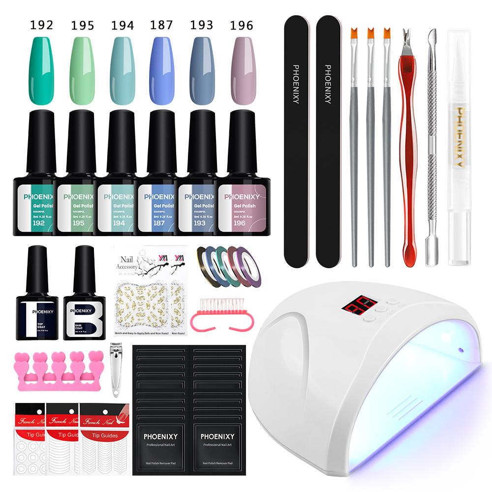 

Набор гель-лаков PHOENIXY с лампой для ногтей, набор инструментов для дизайна ногтей, 6 цветов, набор блестящих гель-лаков и пилочка для ногтей set 08