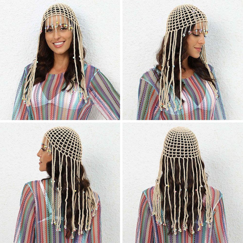 Women's Handmade Crochet Hats Y2k Fashion Fascinating Hollow Beanie Hat Cap with Beads Tassle Decoration Chic Hat