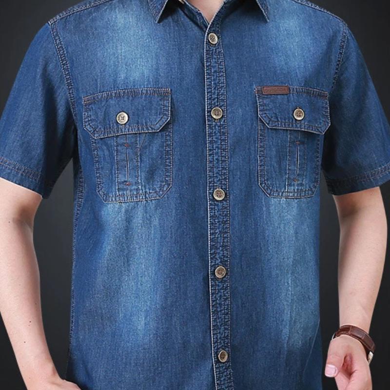 Летняя Новая Мужская Рубашка с Коротким Рукавом Повседневная Личность Мужская Джинсовая Куртка с Подкладкой с Коротким Рукавом M темно-синий