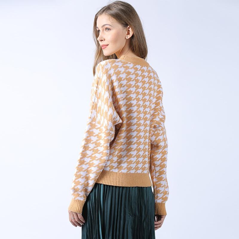 Pulover tricotat în carouri, cu gât rotund, cu mâneci lungi, pentru femei, tricotaje scurte, îngroșate, calde, Harajuku, pentru navetă, ocazional, toamnă, iarnă, cămașă cu fundul