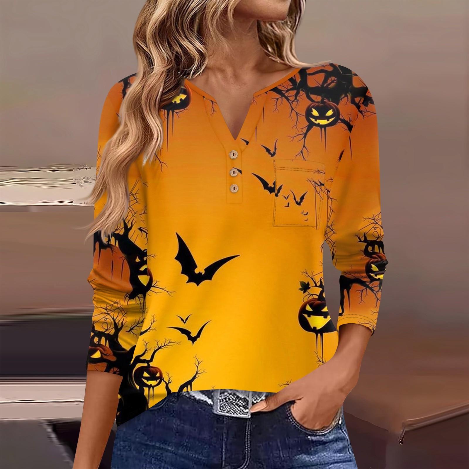 

Женская футболка с принтом на пуговицах и принтом Хэллоуина, с длинным рукавом, на каждый день, на выходные, модная, базовая, с V-образным вырезом, с карманом L оранжевый