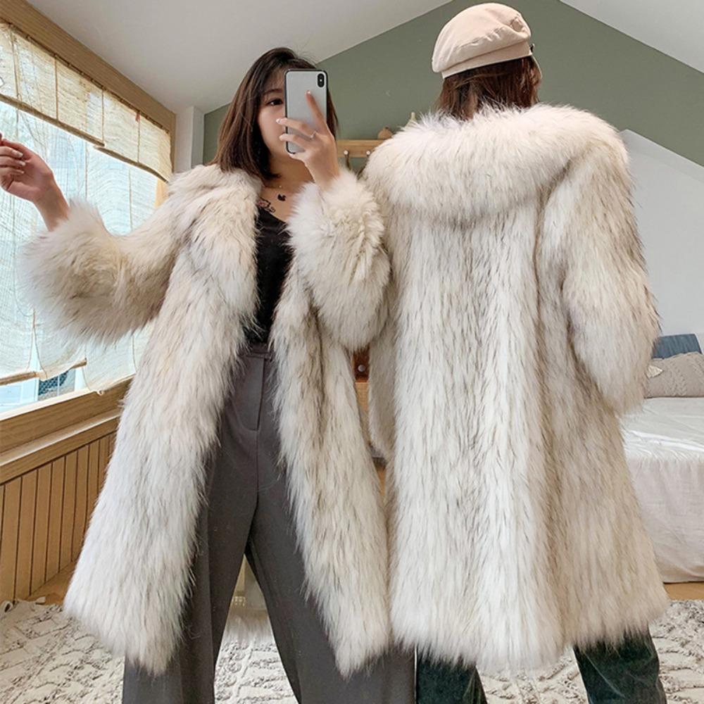 Women's New Raccoon Fur Jacket Women's Long Fox Hair Suit Collar Fur Coat Loose Casual Trench Coat