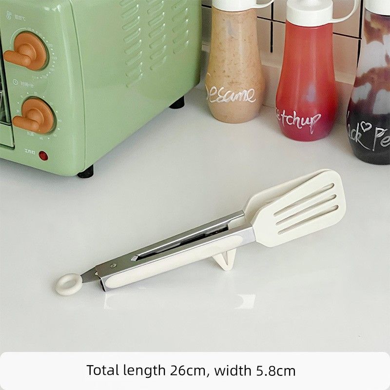 Muni Household Silicone Food Tongs Kitchen Stainless Steel Tongs High Temperature Resistant Anti-Scalding Barbecue Tongs Steak Tongs White 9inch Leaky Shovel-With Stand