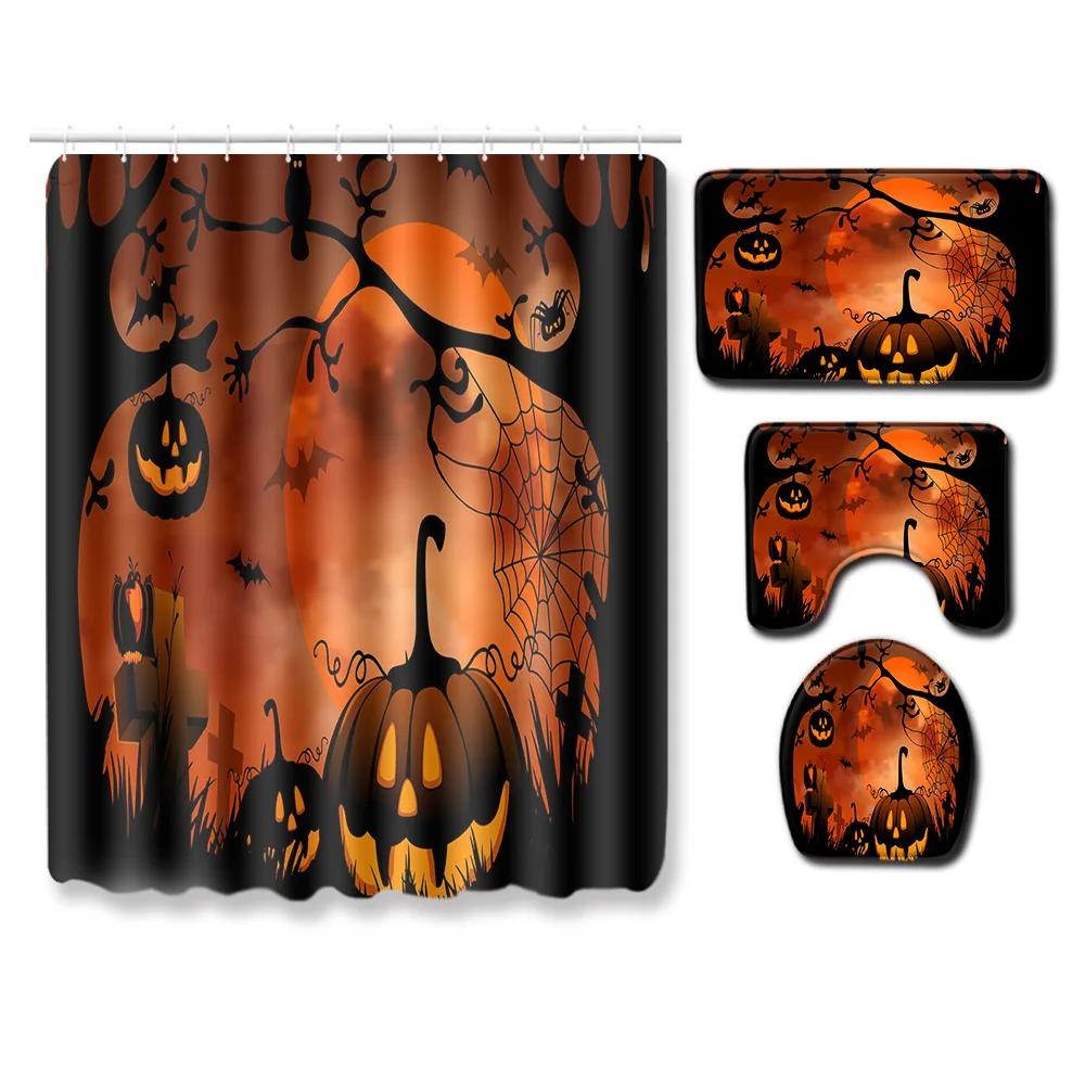 4-piece Set of Halloween Pumpkin Ghost Printed Waterproof Shower Curtain with Hooks, Bathroom Floor Mat, U-shaped Mat
