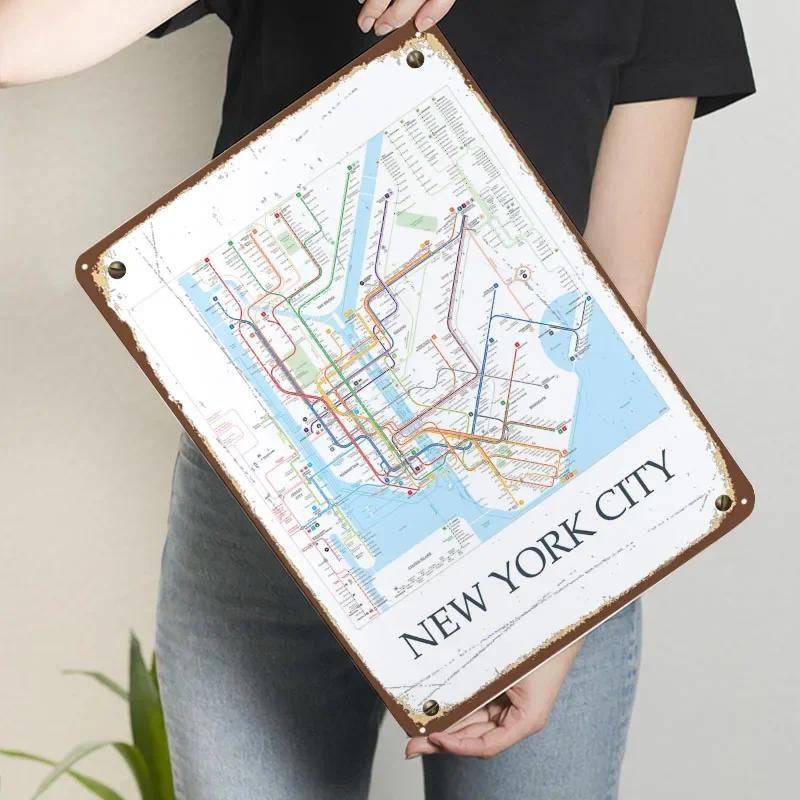 New York City Metro Map Poster Map Metal Sign Vintage Decoration Living Room Custom Tin Plaques for Wall Art Decoration Man Cave