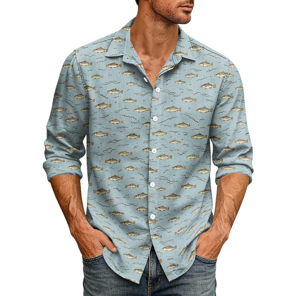 Men's Loose Fit Long Sleeve Shirt Hawaiian Style Retro Casual Button Down Shirt with Spread Collar Suitable for Spring and Autumn
