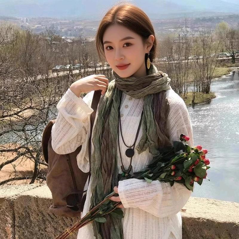Gradient Cotton Hemp Scarf Desert-Style Vintage Wrinkle Scarf Fashion Winter Warm Casual Scarf Shawl