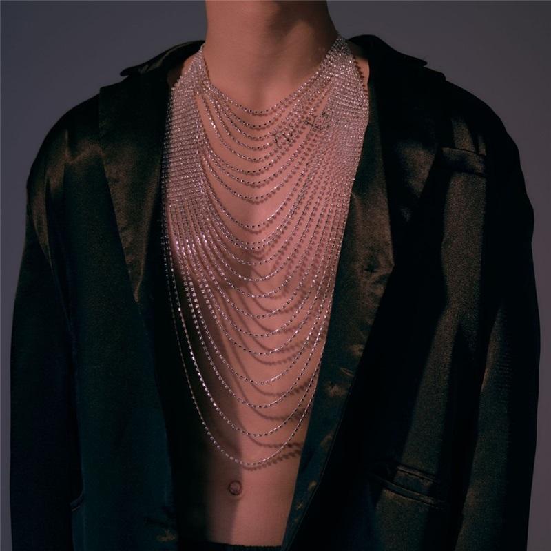 Men's Rhinestone Chest Chain Layered Tassel Body Jewelry for Club Party Dancing