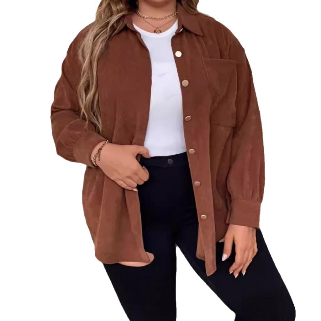 Autumn Women's Casual Solid Colour Individual Ribbed Long Sleeve Plus Size Shirt