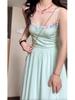 French Green Strappy Women's Summer Dress 2026: Petite Waist-Cinched Beach Vacation Long Dress