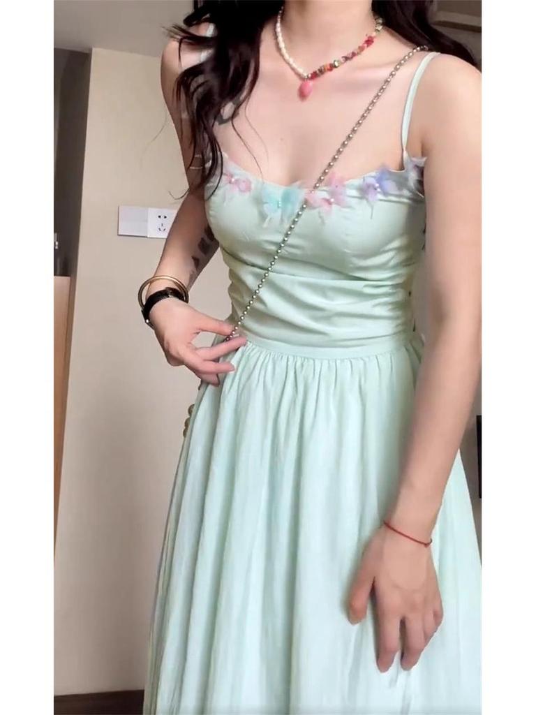 French Green Strappy Women's Summer Dress 2026: Petite Waist-Cinched Beach Vacation Long Dress