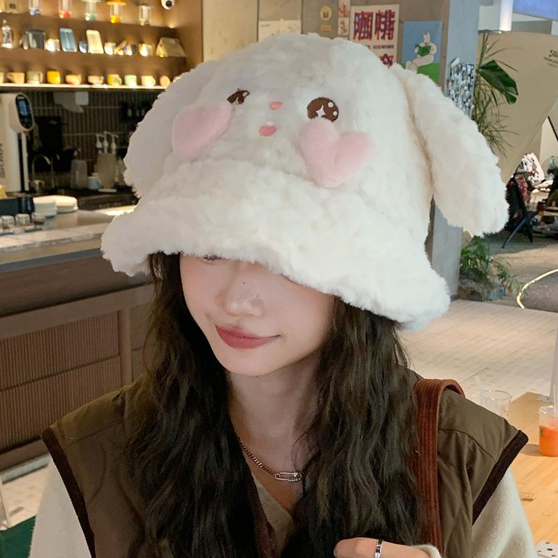 New Autumn and Winter Cute Rabbit Ear Hat for Women Fisherman Hat Warm and Versatile Face Showing Small Basin Hat Cold Proof Plush Hat Trendy