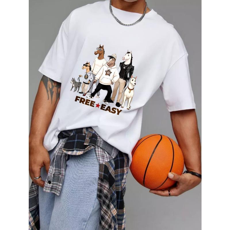 Cotton T Shirt White Horse and Dog Cartoon Print Free Easy Text Casual Wear for Men