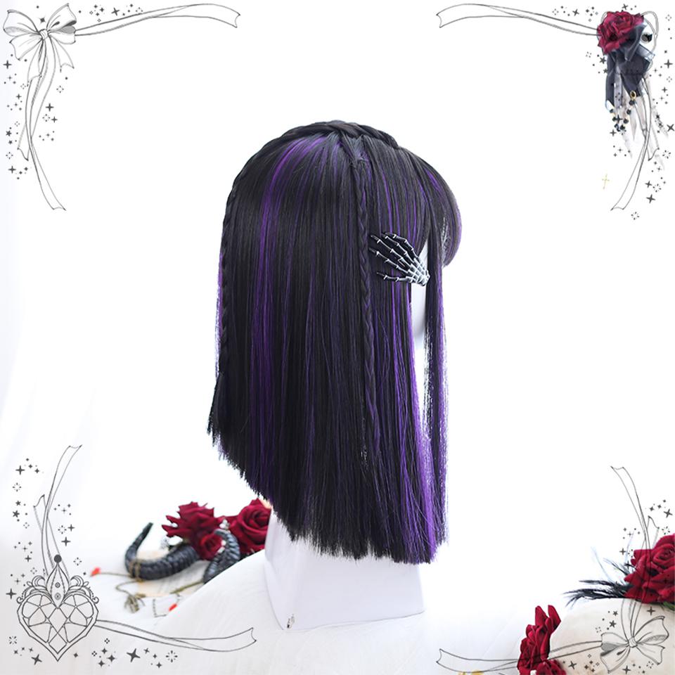 Long Ombre Colorful Synthetic Cosplay Lolita Harajuku Wig With Bangs Natural Wavy Wigs Black Highlights Purple Daily Wig