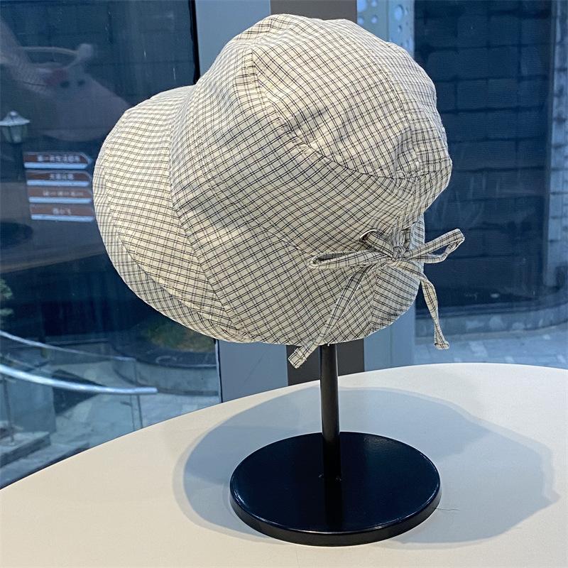 Women's Summer Japanese Retro Plaid Cuffed Fisherman Hat Wide Brim Sun Protection Hat Stylish Face Slimming Basin Hat Fashionable Sunshade Cap