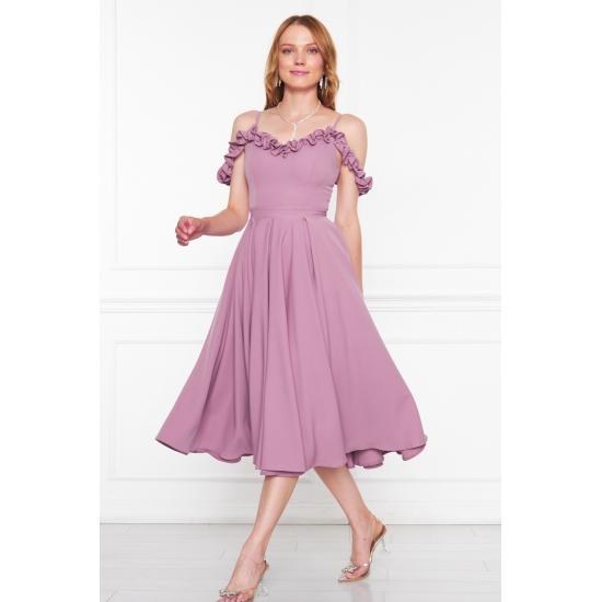 Women's Adjustable Strap Ruffle Detailed Collar Pleated Flared Midi Evening Dress